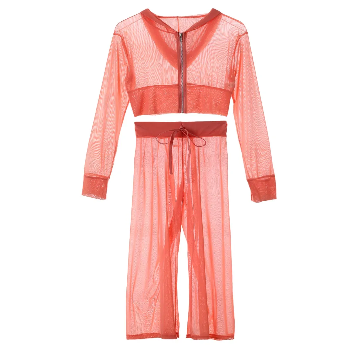 

Women 2pcs Solid Mesh Long Sleeve Loose Hoodies Pants Sets Casual Tracksuit Gym Sport Suit Bikini Cover