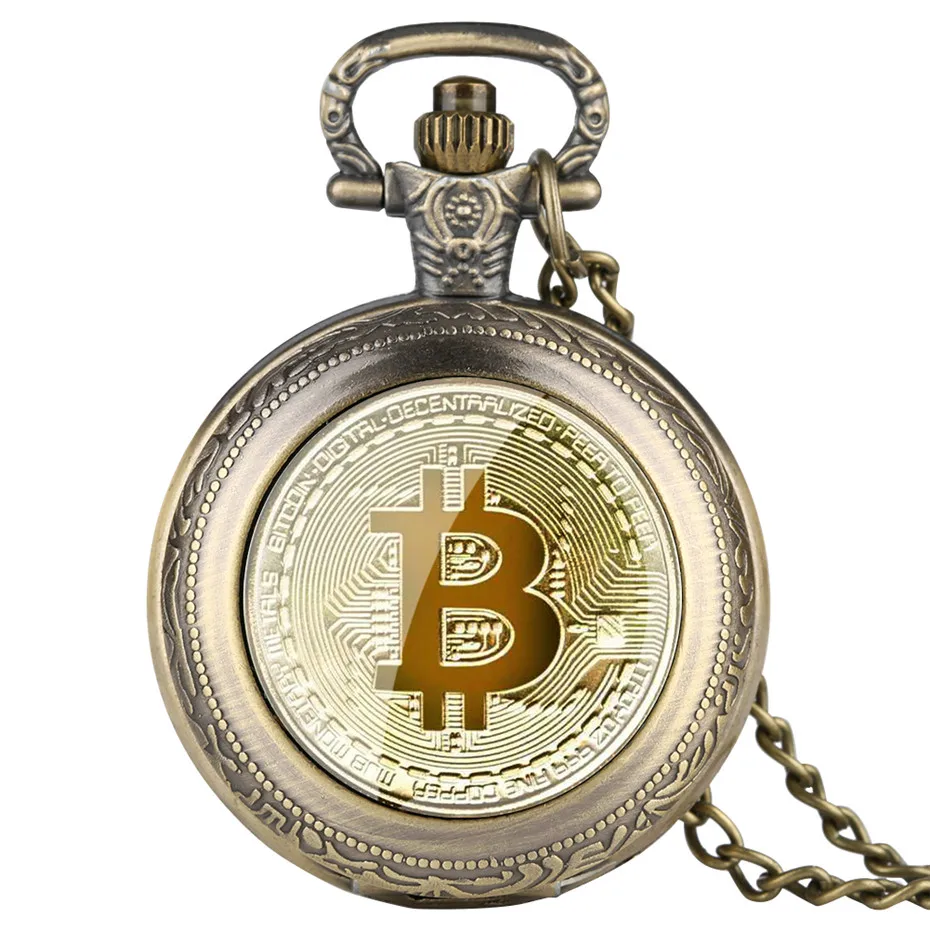 Exquisite Bitcoin Design Full Hunter Quartz Pocket Watch Numerals Display Pendant Clock Men Women with Retro Necklace Chain relo