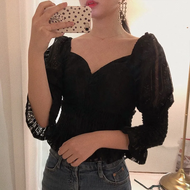 TWOTWINSTYLE 2019 весенние винтажные кроп Топы женские Нерегулярные Воротник с пышными
