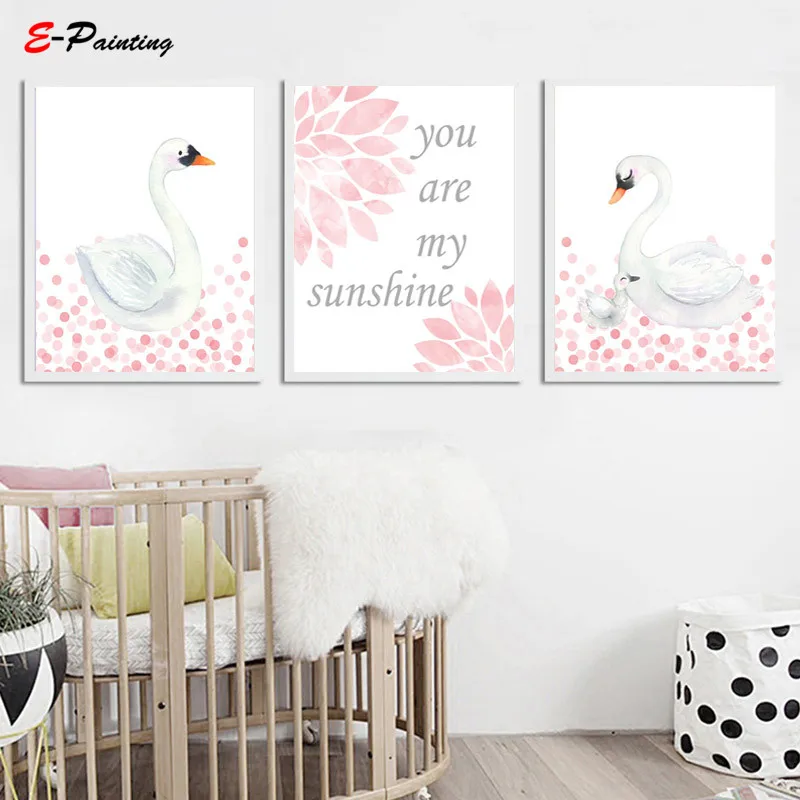 Modern Swan Wall Art Print Baby Girl Nursery Decor Pink and White Girls Bedroom Canvas Painting Prints Unframed | Дом и сад