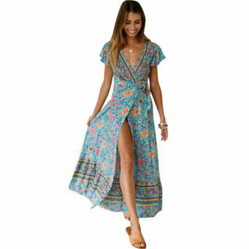 Модное женское платье с высоким разрезом повседневное Цветочное v-образным