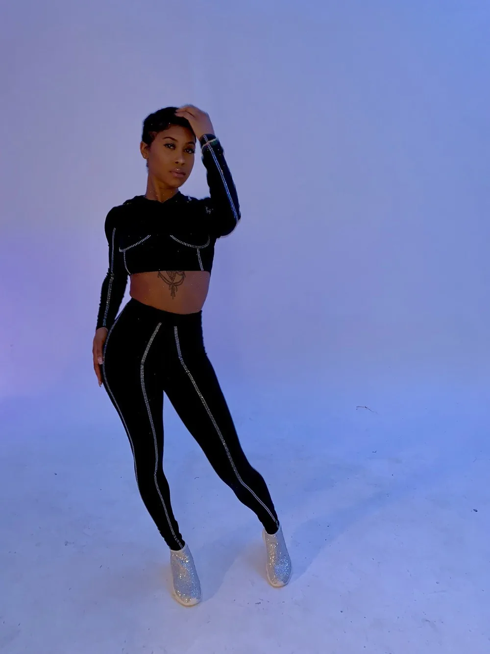 Женская мода со стразами с капюшоном укороченный топ и карандаш брюки