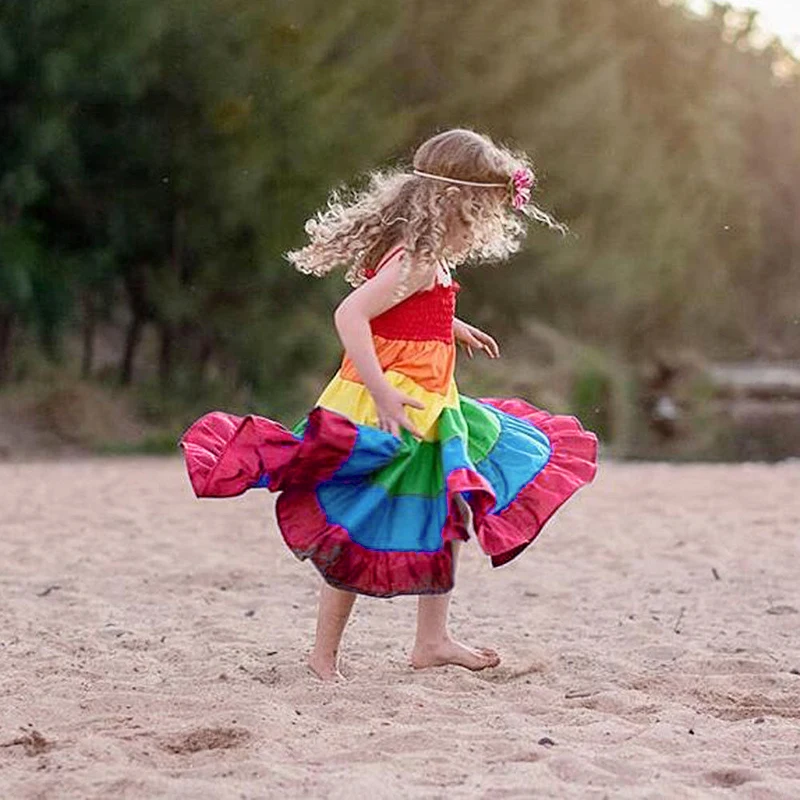 1 * разноцветное платье Детское пляжное на бретельках радужной расцветки для