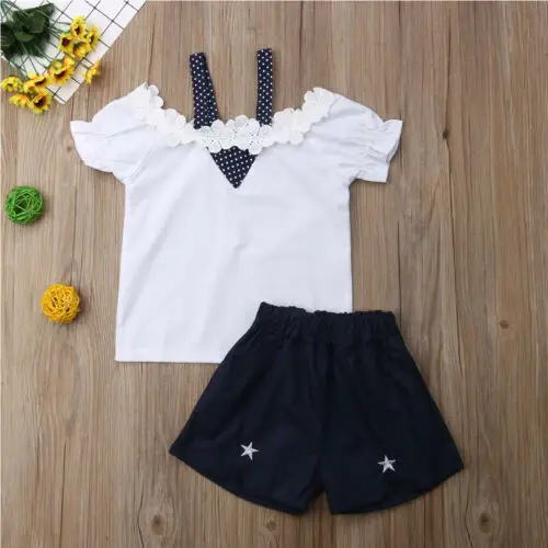 Кружевная футболка с короткими рукавами на лямках для маленьких девочек шорты со