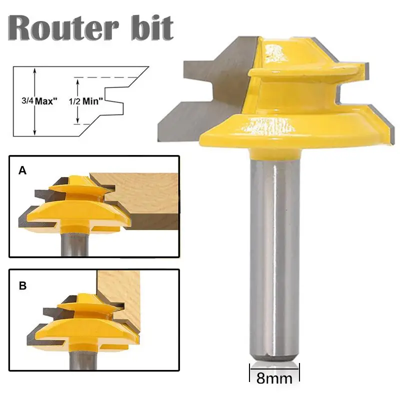 

45 Degree 8*1-1/2 Woodworking Miter Router Drill Bit 8mm Shank Tenon Cutter Woodwork Milling Cutters Woodworking Cutter