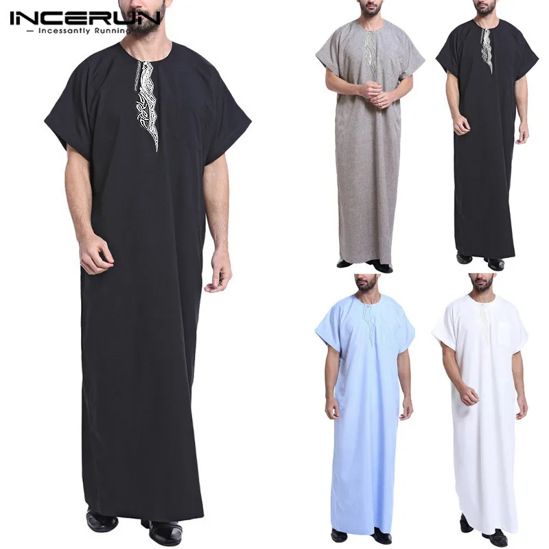 

INCERUN Muslim Dress Kaftan Men Abaya Print Short Sleeve Retro Robes Dubai Saudi Arabia Arab Islamic Kaftan Men Jubba Thobe 2021
