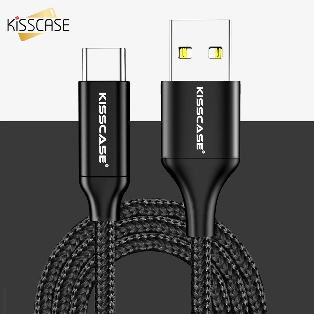 KISSCASE черный нейлоновый Плетеный телефонный кабель USB Type C для iPhone X 7 8 1 м 3A быстрой