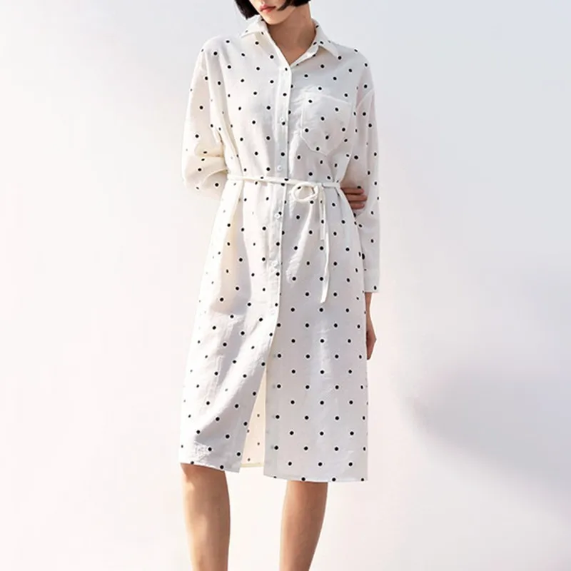 VGH Spring Vintage Corduroy Polka Dot Women Shirt Lapel Long Sleeve Lace Up Sashes Split Hem Loose Slim Female Top Blouse New |
