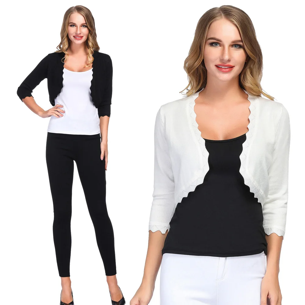 Фото Women shrug Casual Open Front Cropped Bolero 3/4 Sleeve Cardigan Summer autumn elegant Tops solid slim jacket lady short coat Women shrug Casual Open Front Cropped Bolero 3/4 Sleeve Cardigan Summer autumn elegant Tops solid slim jacket lady short coat