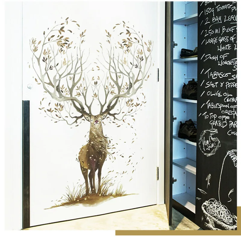 Creative Elk Wall Stickers Living Room Bedroom Wallpaper Poster Art Large Tree Elk's Horn Grass Graphic Decoration Decals | Дом и сад