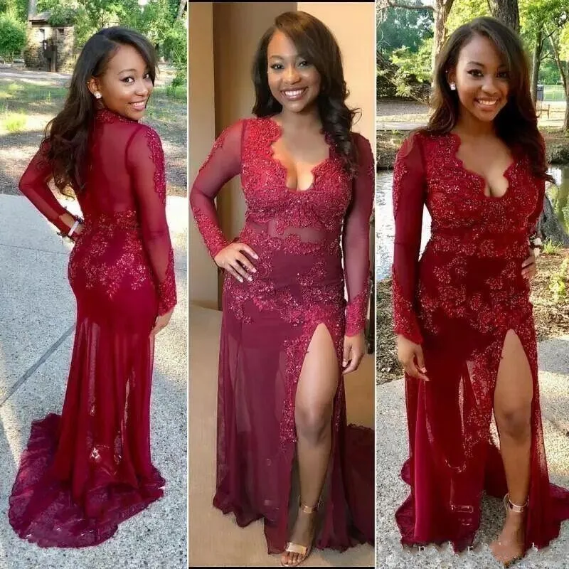 Burgundy African Mermaid Prom Dresses Long Sleeve 2021 vestidos de fiesta largos elegantes gala Black Girl Women Evening Gown | Свадьбы и