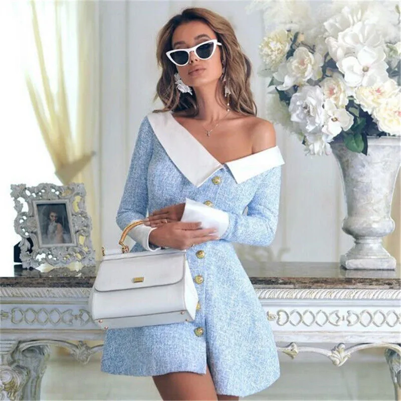 Women Spring Fall Patchwork Asymmetric Button Design Dresses OL office Lady Irregular Long Sleeve Evening Party Dress | Женская одежда