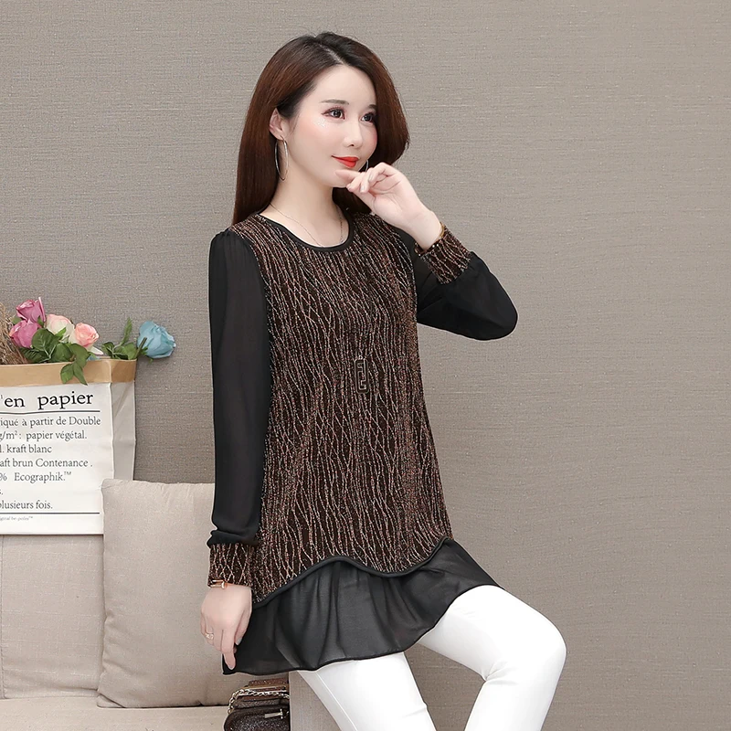 Plus Size Clothes 5XL 4XL 3XL Tunic Top Women Belly Peplum Patchwork Sheer Mesh Glitter Faux Two Piece Blouse Shirts | Женская одежда