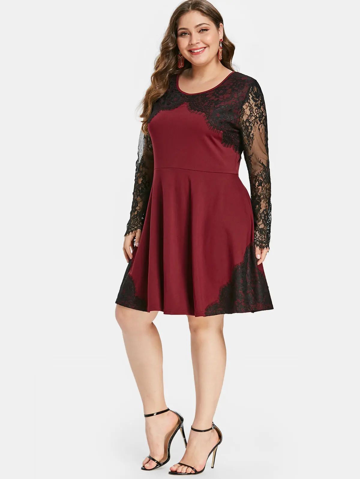 Wipalo Plus Size Vintage Lace Insert Flare Dress Women O Neck Long Sleeve Mini Spring Big Robe Femme Dresses Vestido|Женские платья| |