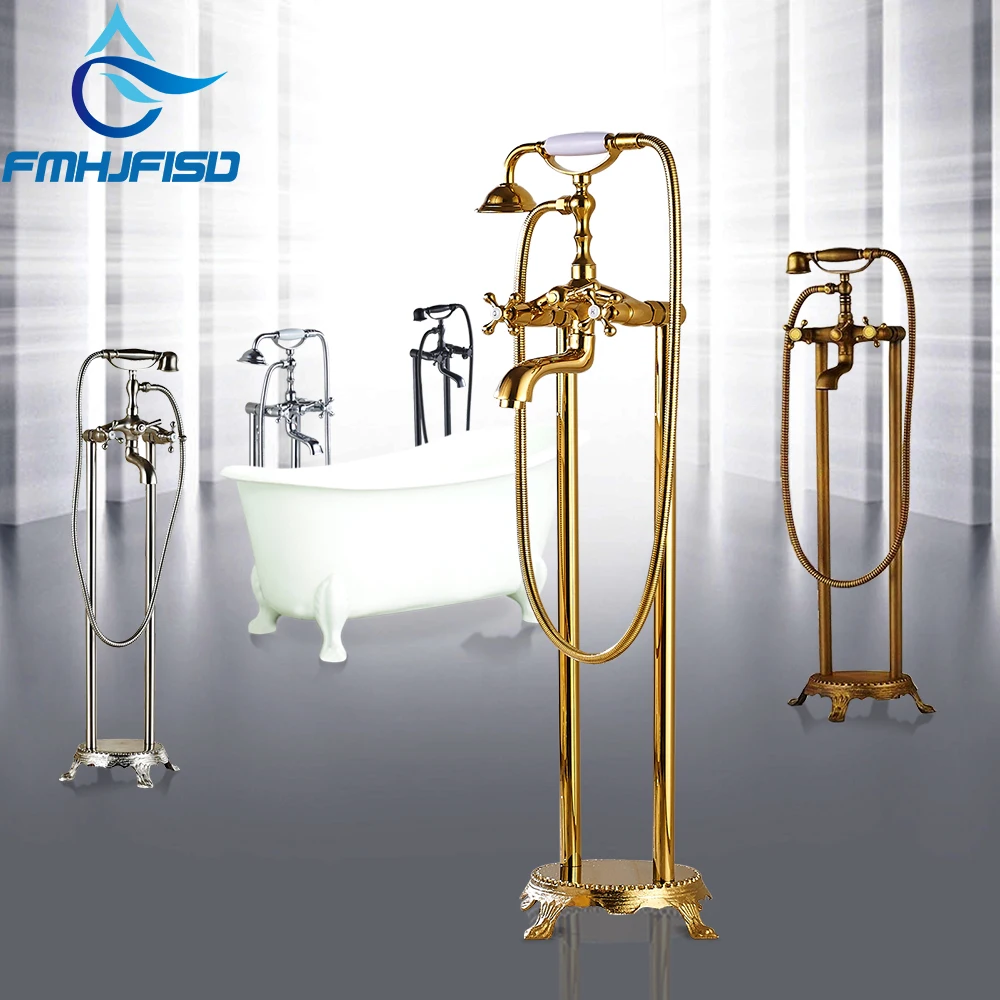 

Golden Polished Bathtub Floor Stand Faucet Mixer Dual Hnadle 360 Rotation Waterfall Spout Bath Tub Faucet with Brass Handshower