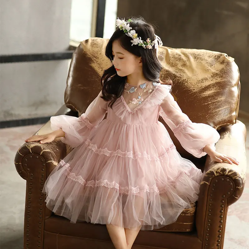 lace tulle vintage gown age for 3 - 12 yrs little girls ruffle christmas dress graduation prom autumn winter long sleeve frocks | Детская