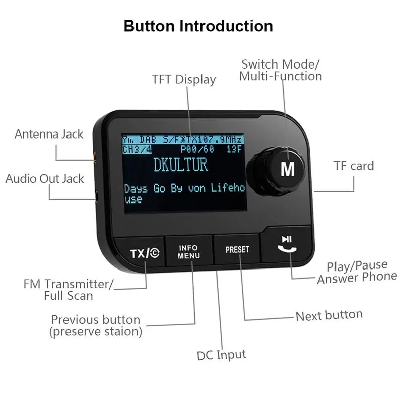 Автомобиль dab цифровой адаптер радио FM передатчик bluetooth ресивер MP3 плеера с Crystal