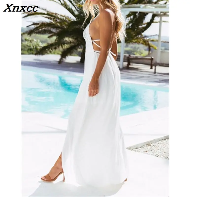

Xnxee women white Maxi dress beach solid white V neck sexy Boho Long Dresses Backless Halter Beach Bohemia Dresses Sundress