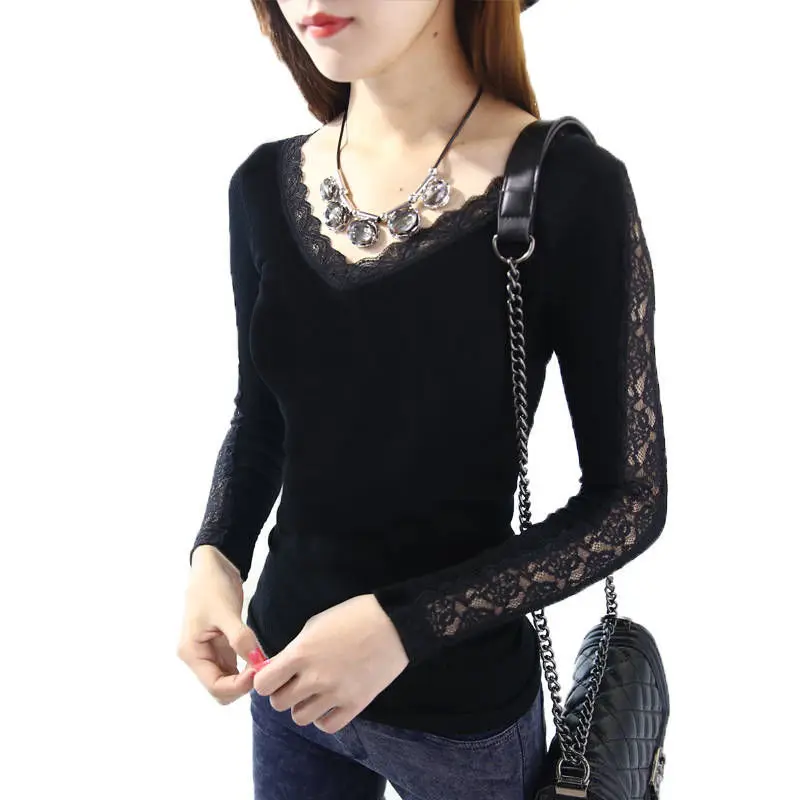 PEONFLY Women Pullovers Jumper Sexy V Neck Hollow Stitched Lace Slim Female Streetwear Casual Sweaters Soft Tops Clothes Black | Женская