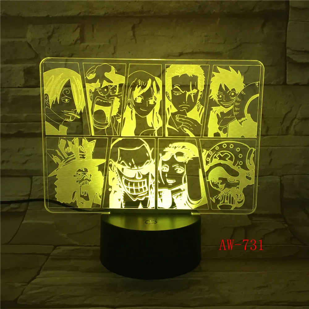 Цельный командный ночной Светильник Luffy Sanji Zoro Nami 3D светодиодный иллюзионный Настольный светильник меняющий цвета светильник сенсорный светильник s Декор AW-731