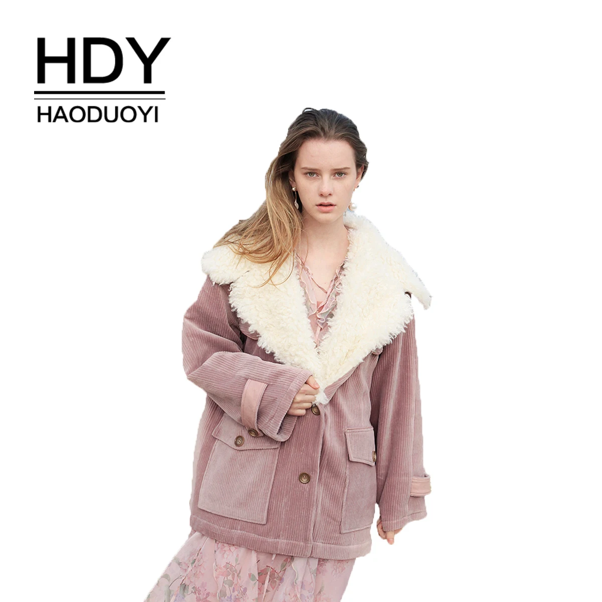 Женская Вельветовая куртка HDY Haoduoyi Базовая бомбер из овчины с длинным рукавом