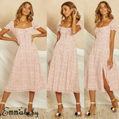 Womens Boho Dress Polka Dot Party Ladies Clubwear Sundress Summer Printed Color Casual Ankel Mid-Calf Female | Женская одежда