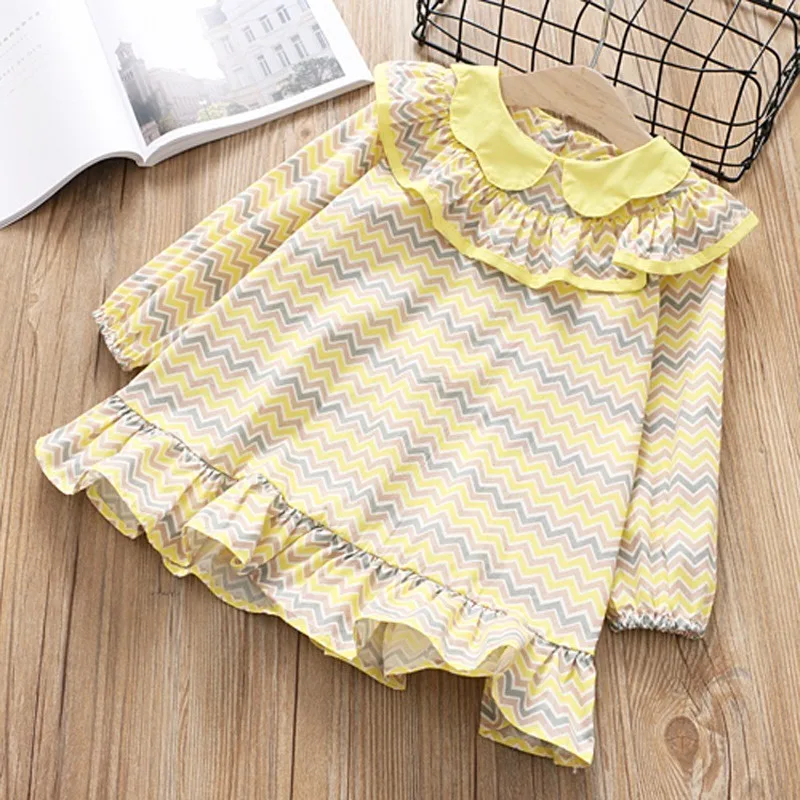 spring girl dress striped cotton yellow long sleeve ruffles baby frock kids dresses for girl's clothing fashion children clothes | Детская