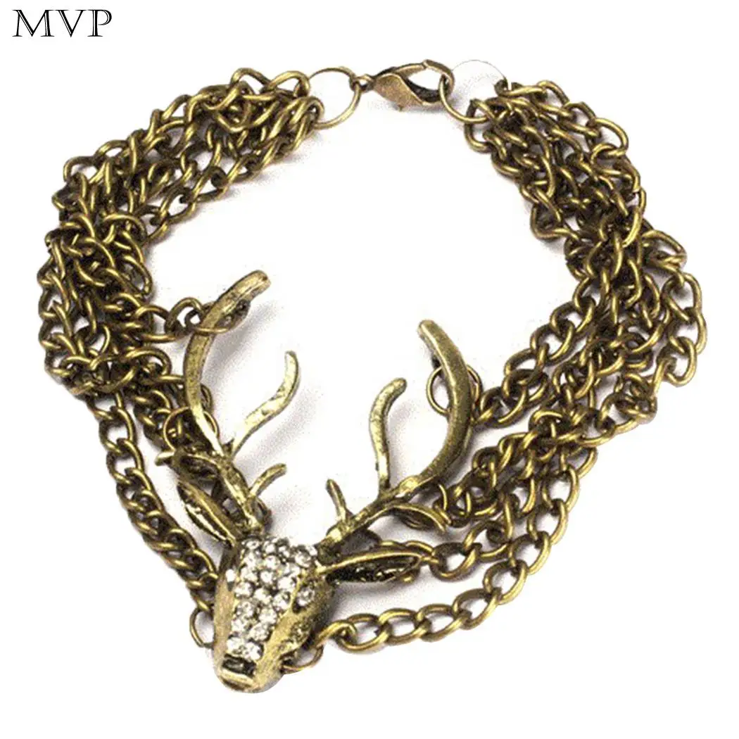 Women Fashion Deer Head Shape Multi Casual Link Chain Layers Cuff Crystal Bracelet Lobster Claw Clip Jewelry | Украшения и