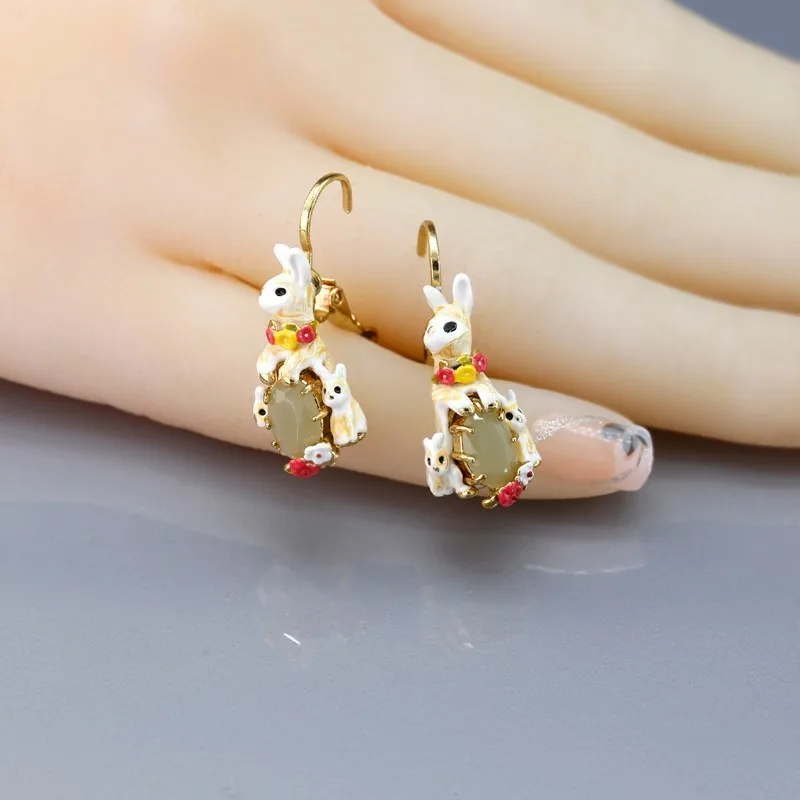 Enamel Glaze Plush Colored Earrings Three Only Leveret Rabbit Family Jewel Ear-hook | Украшения и аксессуары