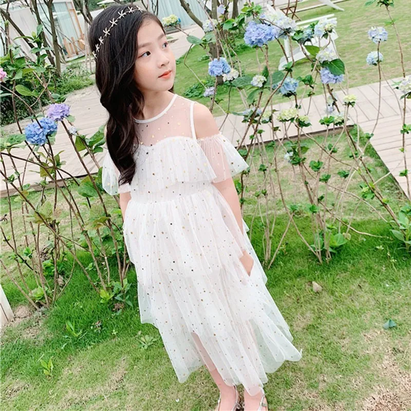 Maxi Long Mesh Dresses For Teenagers Girl White Grey Off Shoulder Girls Dress Teen Summer Spring Kids Clothing 2021 New Arrival | Детская