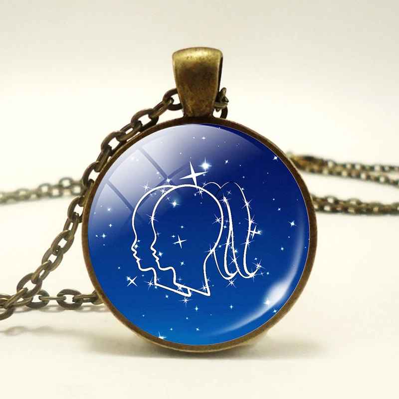 

12 Constellation Libra,Pisces Metal Round Necklace Glass Cabochon Pendant Stars In The Sky