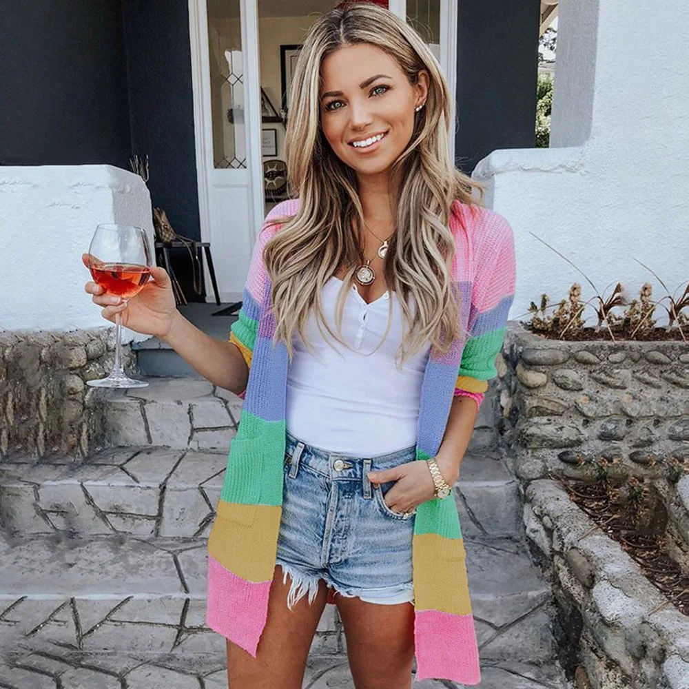 New Sweaters Pattern Suit-dress Colour Rainbow Split Joint Cardigan Sweater jacket women Loose Coat Cross Border |