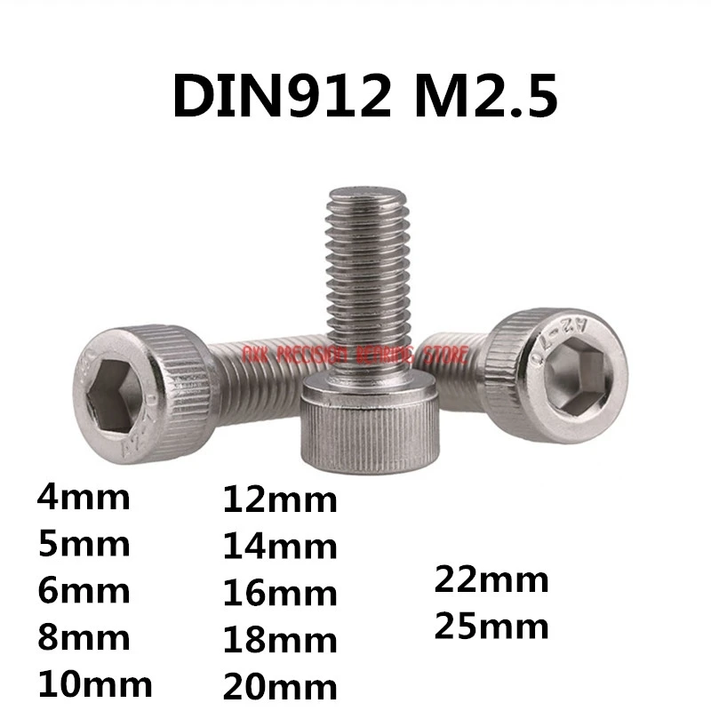 

100pcs Din912 M2.5 Metric Thread 304 Stainless Steel Hex Socket Head Cap Screw Bolts M2.5*(4/5/6/8/10/12/14/16/18/20/22/25) Mm