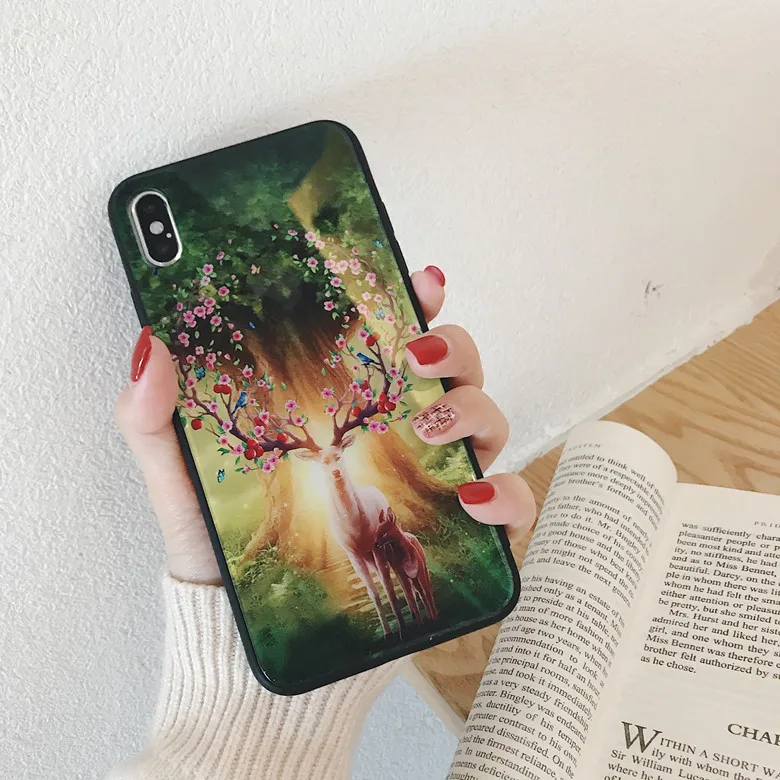 XR Fancy Dream Deer Tempered Glass Phone Case Anti-shock Full Cover For iPhoneXsmax 8plus 6s 7plus Shell Body Protection | Мобильные