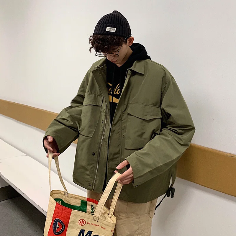 

2019 Japanese Style Men's Military Zipper Work Clothes Streetwear Bomber Jacket Loose Outerwear Coat Green/blue Windbreaker