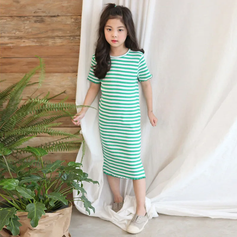 Summer Big Girls Slim Dress Casual Striped Hem Split Dresses Teens Kids Clothes Teenage Girl Cotton Beach vestido 6 8 10 12 14 | Детская