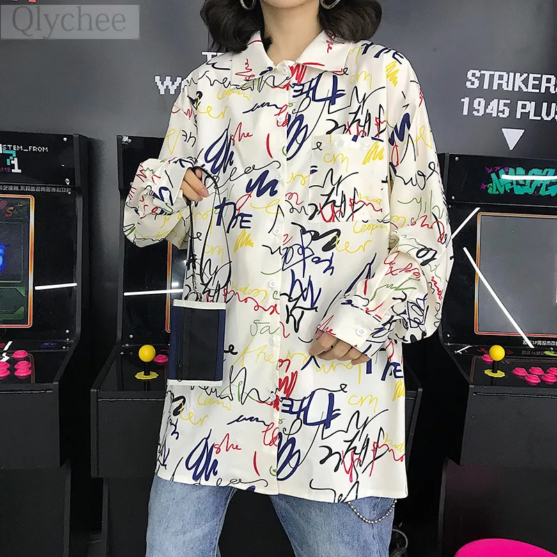 Qlychee Harajuku Colorful Letter Print Women Blouse Shirts Long Sleeve Casual Loose Female Tops |