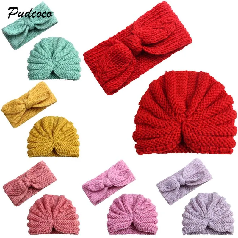 2019 Brand Cute Baby Girls Boys Bow Turban Hat 2Pcs Toddler Kids New Winter Warm Solid Knit Head Wrap Hijab Headband Cap Set | Детская
