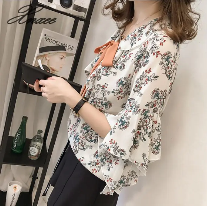

New 2020 short sleeve blouse women summer tops shirt fashion print chiffon women blusas bow sexy women's clothing