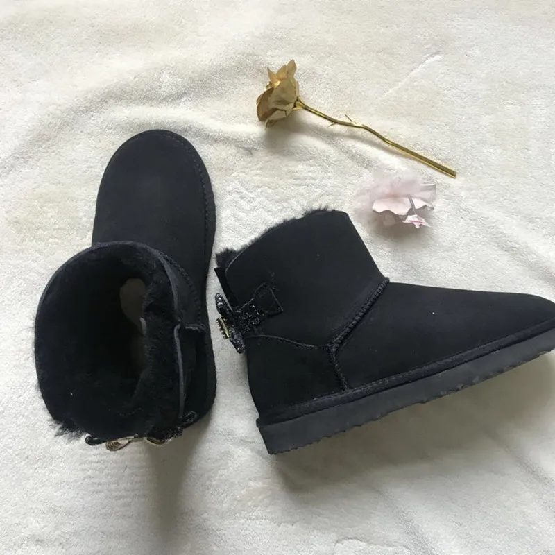 

2020 Fashion One Bow Real Sheepskin Women's Winter Woman Snow Boots Mid Calf Genuine Sheepskin Women Boots Women Shoes