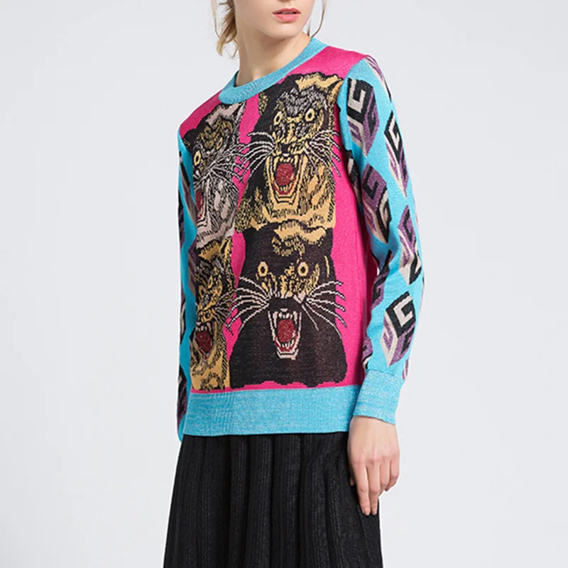 Женский винтажный свитер с длинным рукавом и Рисунком Тигра шерстяной джемпер