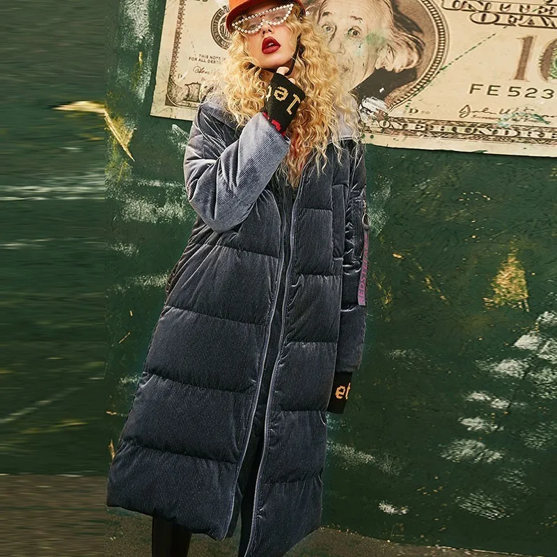 Winter Corduroy Hooded Down Jacket Women 2018 New Long Paragraph Over The Knee Thickening Loose Thin Feather Coat Female HJ90