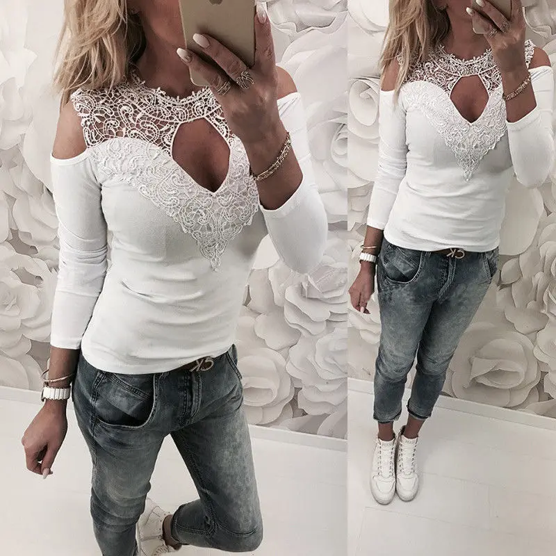 

2018 Newly Women Ladies Sexy Fashion Long Sleeve O-Neck Off Shoulder Lace Floral Slim Solid Shirt Tops 2 Style