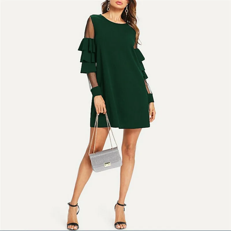New 2019 Women Mesh Dress Sundress Fashion Long Flare Sleeve Ladies Casual Loose Short Females High Waist Elegant Vestido | Женская
