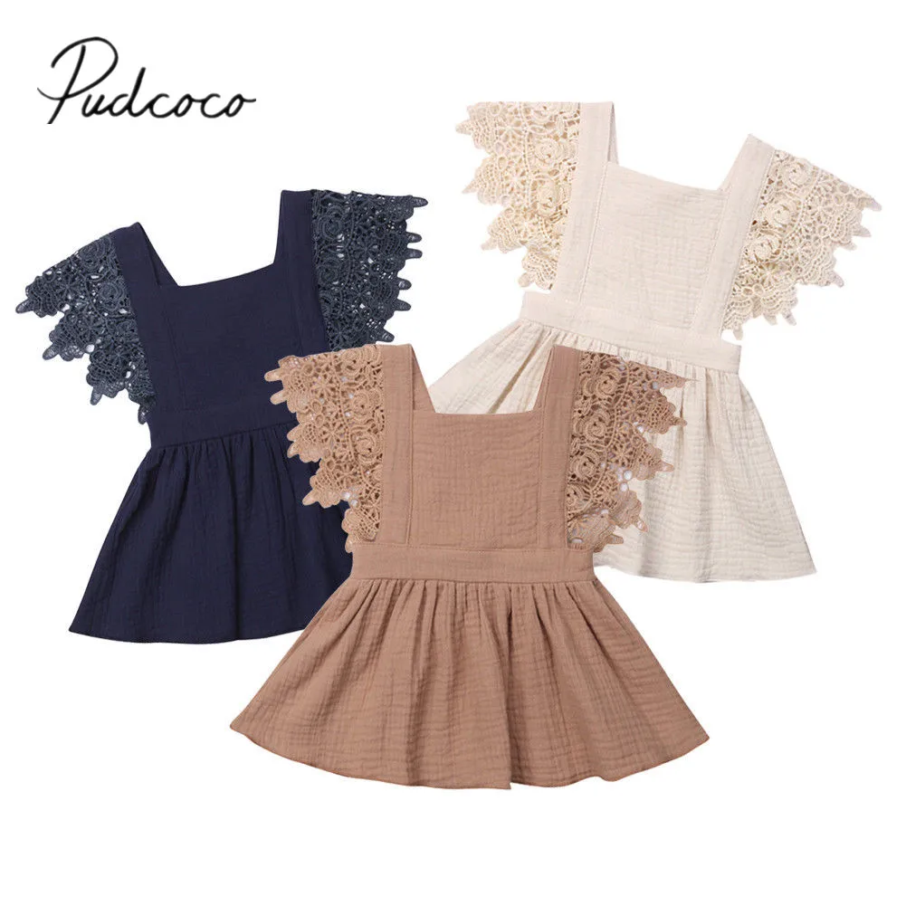 2019 Brand New 0-3T Newborn Toddler Kids Baby Girl Summer Dress Lace Petal Sleeveless Backless Belt Sundress Cotton Solid | Детская
