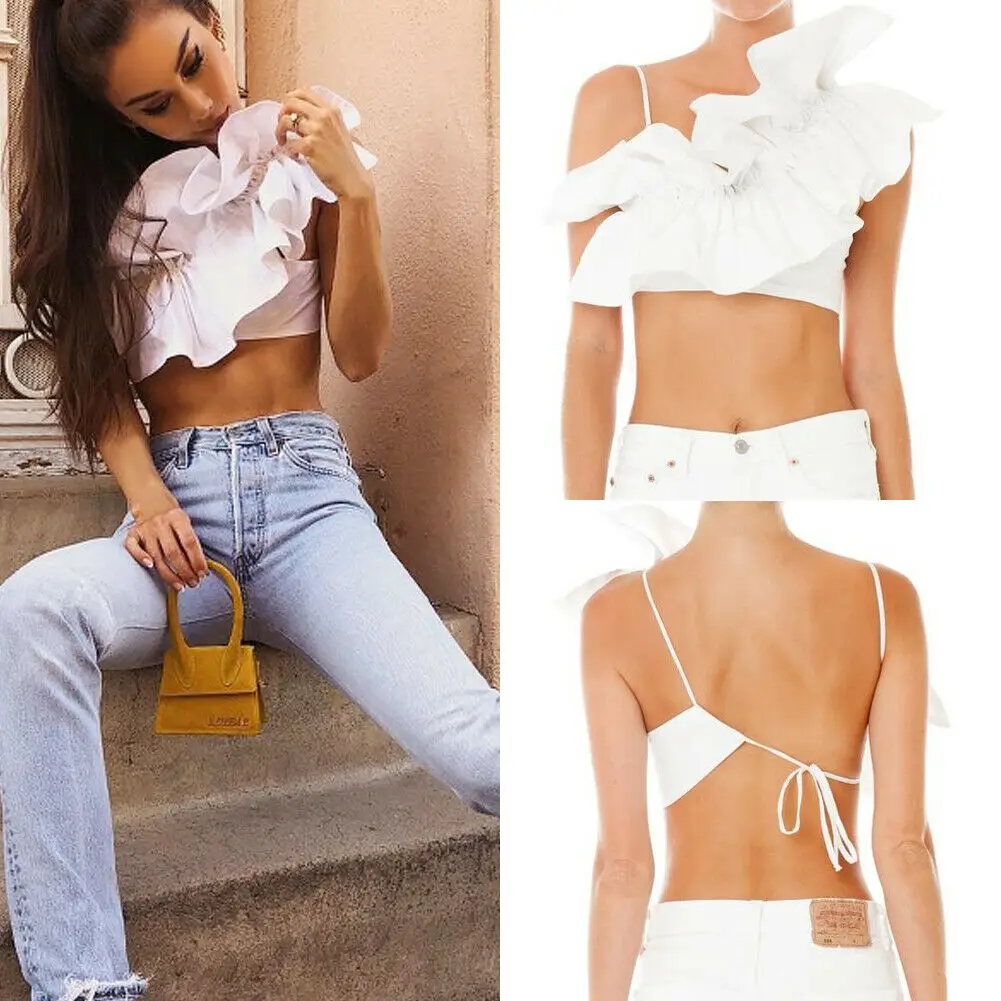 Модные женские майки тонкие одно плечо Цветочные Сарафан Crop Tops t-shirt party prom |