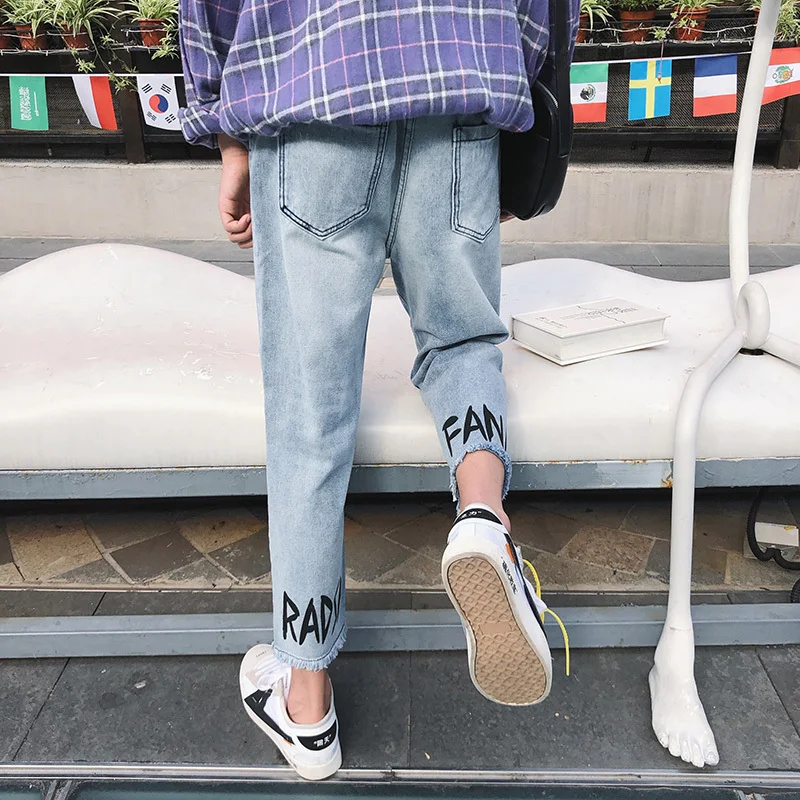 

2019 Men's Casual Pants Loose Letter Printing Blue Color Cowboy Pants Baggy Jeans Wash Male Denim Trousers Big Size M-3XL
