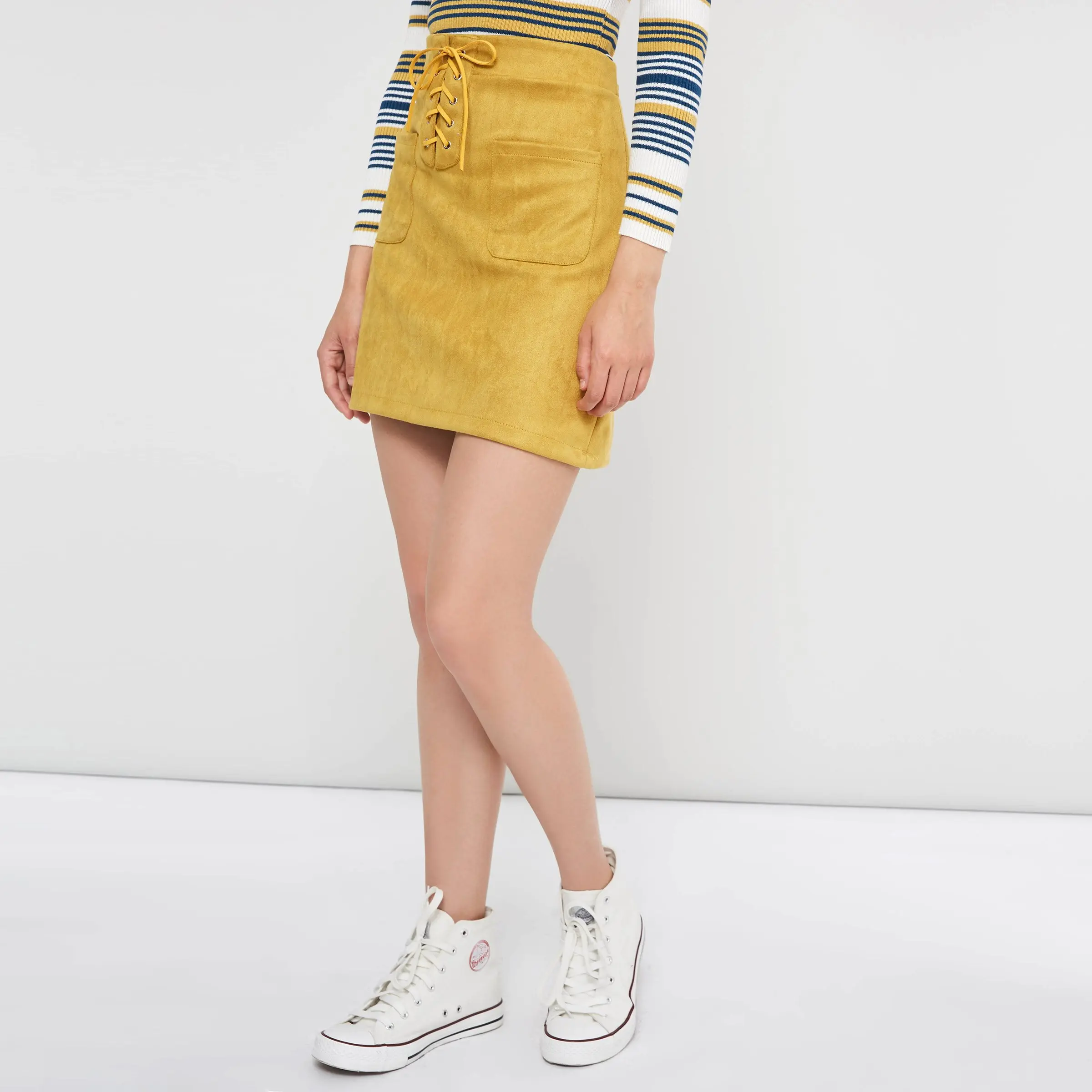 Женские юбки Boho желтые зимние повседневные OL Bodycon с высокой талией на шнуровке