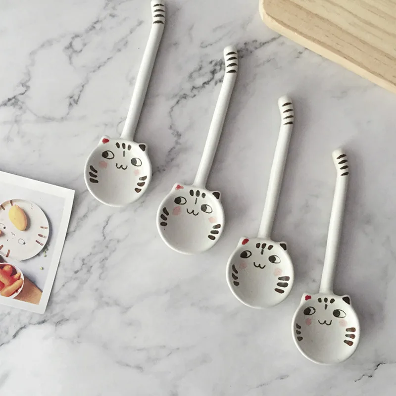 4Pcs Creative Cat Shape Tea Coffee Ceramic Spoon Sugar Ice Cream Mixing Spoon Stirring Teaspoons Tableware enlarge