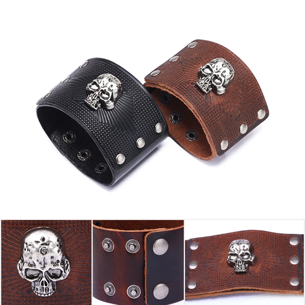2019 Fashion Punk Skull Bracelets For Men Charmn PU Leather Wrap &amp Bangles Male Gothic Jewelry Gift | Украшения и аксессуары